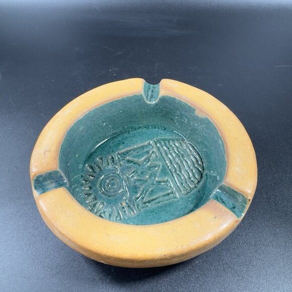 Vintage Mexican Pottery Ashtray Dish Green Teal Aztec Clay Hand Made Decor Dish - Picture 10 of 13